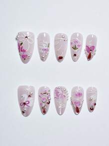 10pcs/Set 3D Floral Faux Pearls, Bowknot & French Manicure Style Handmade Nail Stickers, Short Almond Shaped False Nails Suitable For Women And Girls As A Gift Press On Nails