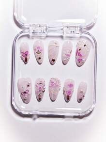 10pcs/Set 3D Floral Faux Pearls, Bowknot & French Manicure Style Handmade Nail Stickers, Short Almond Shaped False Nails Suitable For Women And Girls As A Gift Press On Nails