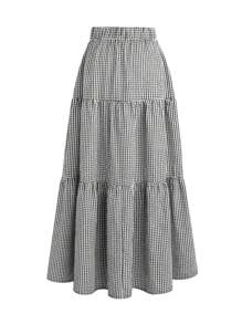 EARO 复古法式女装休闲简约日常百搭黑白格纹设计A字裙 高腰修身松紧腰 优雅甜美优雅 春秋 - 黑與白 - 查看 2