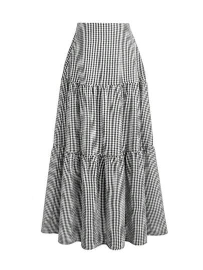 EARO 复古法式女装休闲简约日常百搭黑白格纹设计A字裙 高腰修身松紧腰 优雅甜美优雅 春秋