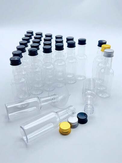 30pcs 50ml Reusable PET Plastic Empty Wine Bottles, Mini Bottles With 5cm Small Funnel And Elegant Paper Box Packaging To Ensure Product Safety During Transportation, Available In Gold/Black/Silver Screw Cap Colors