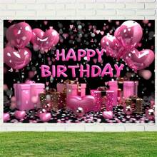 1 Piece, Happy Birthday Party Background Cloth - Bright Black With Pink Rose Gold Heart Shape, Sparkling Balloons And Retro Elements Of Queen's Hall, Polyester, Suitable For Living Room Decoration, Outdoor Celebrations, Live Streaming And Photo Booths, Party Banners