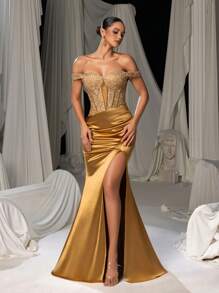 Faeriesty Rhinestone Detail Off Shoulder Lace Corset Bodice Contrast Split Satin Hem Formal Party Dress, Wedding Guest Dress, Evening Dress