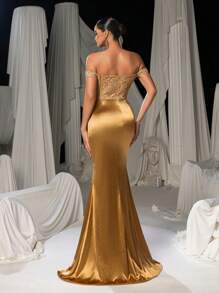 Faeriesty Rhinestone Detail Off Shoulder Lace Corset Bodice Contrast Split Satin Hem Formal Party Dress, Wedding Guest Dress, Evening Dress