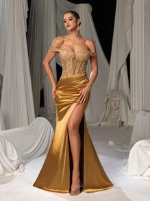 Faeriesty Rhinestone Detail Off Shoulder Lace Corset Bodice Contrast Split Satin Hem Formal Party Dress, Wedding Guest Dress, Evening Dress