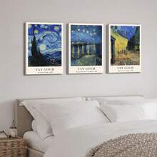 Van Gogh Inspired 3pcs Canvas Wall Art Set - Retro Impressionist Prints, Wood Framed, Perfect For Living Room, Bedroom, Home Office Decor - Blue - View 7
