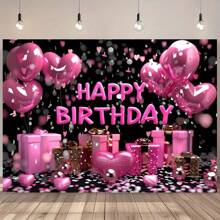 1 Piece, Happy Birthday Party Background Cloth - Bright Black With Pink Rose Gold Heart Shape, Sparkling Balloons And Retro Elements Of Queen's Hall, Polyester, Suitable For Living Room Decoration, Outdoor Celebrations, Live Streaming And Photo Booths, Party Banners
