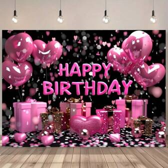 1 Piece, Happy Birthday Party Background Cloth - Bright Black With Pink Rose Gold Heart Shape, Sparkling Balloons And Retro Elements Of Queen's Hall, Polyester, Suitable For Living Room Decoration, Outdoor Celebrations, Live Streaming And Photo Booths, Party Banners
