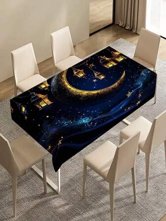 1 件夜景五角星桌布，金色灯笼和月亮印花桌布，适合婚礼、户外仪式、室内外餐桌装饰、节日装饰