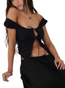 Womens Tank Tops Solid Color Sleeveless Sling Design Front Button Tie Cardigan Tank Tops - Black - View 2