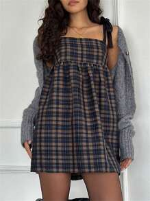Women Summer Mini Dress Casual Tie Up Strap Plaid Print A-Line Party Dress For Beach Club Streetwear - Màu xanh lam - Xem 3