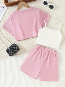 青少年女孩休闲春夏针织纯色短袖短裤套装（含针织吊带背心），3 件套：字母印花 T 恤 + 短款针织上衣 + 短裤套装，针织面料，有弹性，字母图案，常规剪裁，涤纶混纺，适合户外穿着，节日礼物 - 藕粉色 - 查看 2