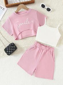 青少年女孩休闲春夏针织纯色短袖短裤套装（含针织吊带背心），3 件套：字母印花 T 恤 + 短款针织上衣 + 短裤套装，针织面料，有弹性，字母图案，常规剪裁，涤纶混纺，适合户外穿着，节日礼物 - 藕粉色 - 查看 1