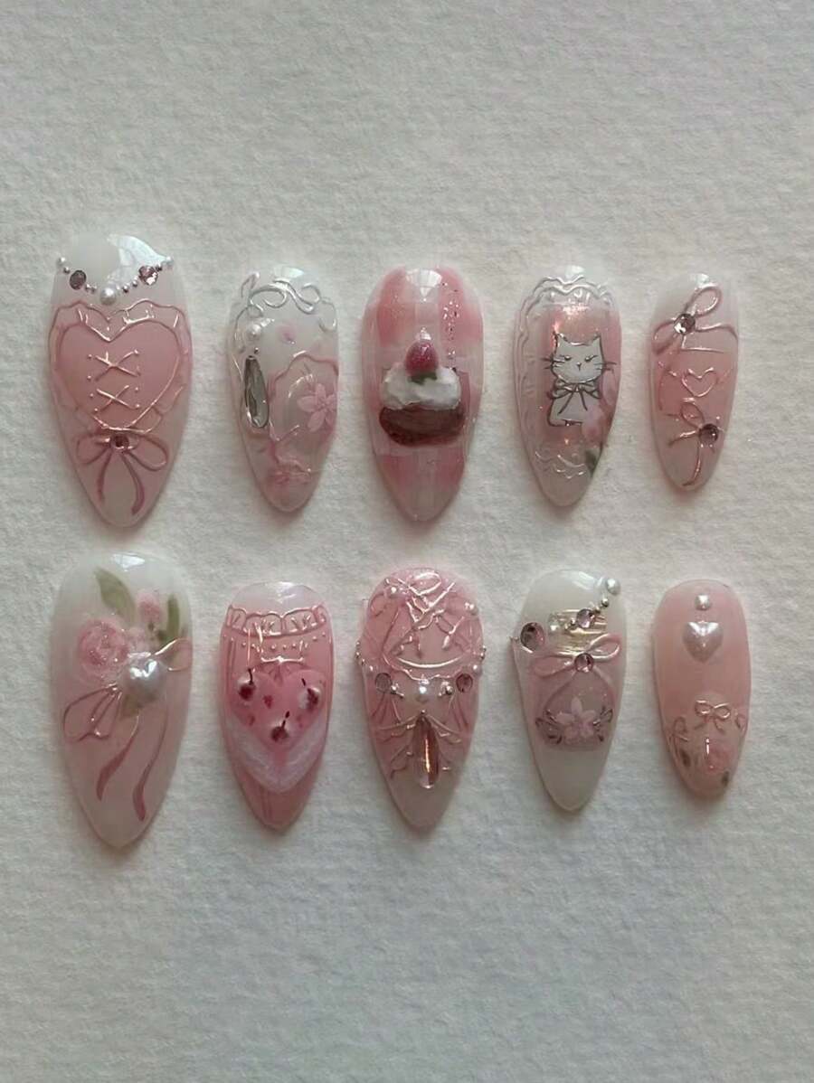 Bộ 10 miếng dán móng tay phong cách Âu Mỹ thủ công với hình trái tim, nơ, hoa, ngọc trai, vỏ sò, màu hồng chuyển sắc và trắng, móng tay giả hình quả hạnh nhân ngắn, quà tặng cho phụ nữ và trẻ em gái, dụng cụ làm móng