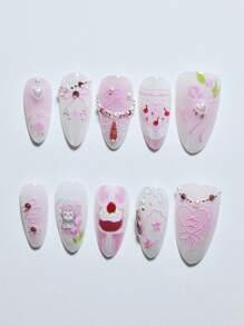 Bộ 10 miếng dán móng tay phong cách Âu Mỹ thủ công với hình trái tim, nơ, hoa, ngọc trai, vỏ sò, màu hồng chuyển sắc và trắng, móng tay giả hình quả hạnh nhân ngắn, quà tặng cho phụ nữ và trẻ em gái, dụng cụ làm móng - Nhiều màu - Xem 4