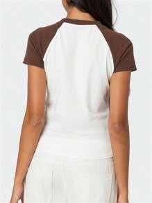 Women's Summer Tops Striped Raglan Sleeve Round Neck Letter Print T-Shirts Street Blouses - Brown - View 6