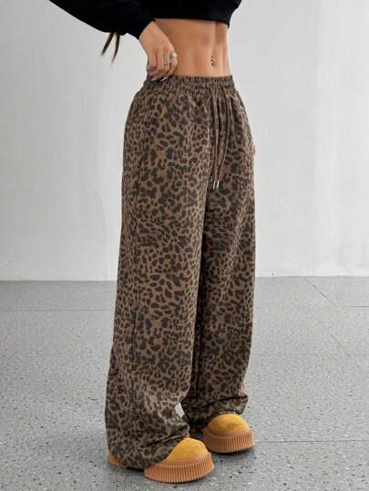 Pantalones anchos casuales sueltos de pierna ancha con estampado de leopardo para mujer