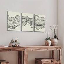 Mid Century Retro Art Dark Brown Wavy Lines Boho Style Minimalist Geometric Abstract Shape Print - Home Room Decor Wall Art With Frame