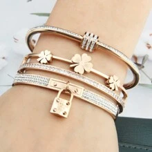 3pcs/Set Women's Jewelry Gift Set Featuring Inlaid Diamond Four-Leaf Clover Design Small Padlock & Screw Pendant Stainless Steel Bracelet