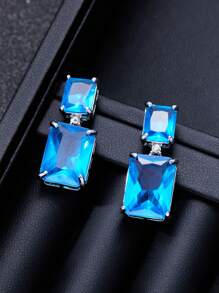 1pair Luxury Square Blue Zirconia Stones Earrings For Women Exquisite Fashion Silver Color Engagement Wedding Party Dangle Earring - 耳環 - 查看 2