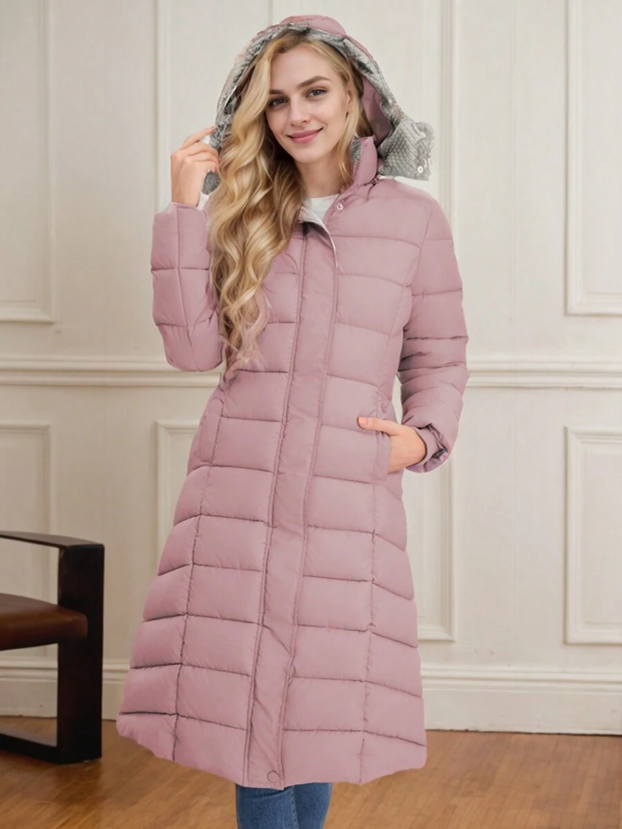 Women's Ultra Long Quilted Cotton Coat With Hood - Stylish And Warm Winter Outerwear - 淺粉色 - 查看 1