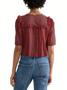 Women Short Sleeve Shirts Lace Ruffles Buttons Blouses Summer Loose Casual Tops - 紅色 - 查看 5