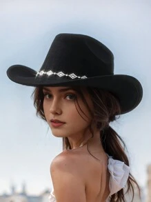 1pc Women's Solid Color Diamond Shaped Sequined Decoration Western Cowboy Hat, Elegant Casual Small Hat Suitable For Daily Use, Travel, Parties And Jazz Boho Cowboy Hat Cowgirl Hat Halloween