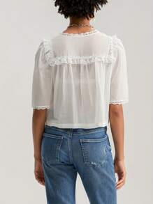 Women Short Sleeve Shirts Lace Ruffles Buttons Blouses Summer Loose Casual Tops - 米色 - 查看 5