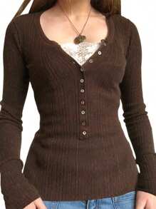 Women's Button-Front Knitted Top, Long-Sleeved Lace Patchwork Slim-Fit Fairy Tee. - Dark Brown - View 1