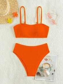 2pcs/Set Graduation Rib-Knit Bikini Swimsuit Set, In Black, Red, Purple Colors - Orange - View 3