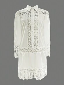 女士休闲优雅蕾丝拼布白衬衫连衣裙搭配吊带裙 2 件套，春夏 - 白色 - 查看 8