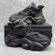 男士休闲运动鞋，加大码（39-45），厚底运动鞋增高鞋 - 最新潮流设计，亲肤舒适，适合休闲户外运动跑步，时尚纯色 - 黑色 - 查看 2