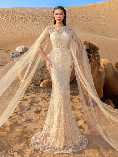 Faeriesty Haute Glamour Luxury Ultra-Long Sheer Cape Sleeve Beaded & Sequined Mermaid Gown – Structured Sparkle Bodice, Glittering Fishtail Hem For Black-Tie Galas, Red-Carpet Events, Gala Dinners, Opulent Wedding Receptions