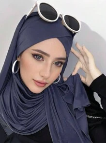 1 件系带水晶亚麻头巾女士速效头巾，纯色经典基本款柔软光滑透气丝绸般亚麻面料围巾，方便的十字设计速效头巾，适合日常工作和生活 Abaya 配饰女士面纱