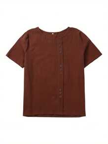 Womens Cotton Linen Blouse Shirts Summer Casual Boho Short Sleeve Buttons Decor Loose Tunic Tops - màu nâu - Xem 2