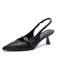 Sandálias de salto alto elegantes e de bico em cores sólidas e saltos altos elegantes - Preto - Ver 2
