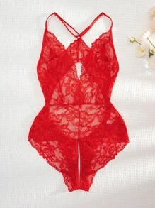 1 Pieza Mono de encaje con lazo y un solo color sexy para mujer