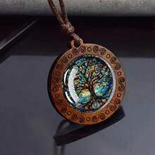 1 Stylish Elegant Tree Of Life Pattern Wooden Round Glass Necklace  Gift Jewelry - 1pc - View 1