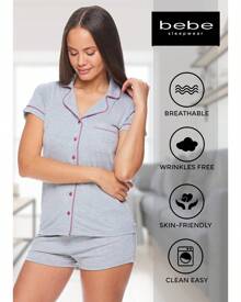 Bebe Pajama Set For Women, Stretch Rayon Knit Short Sleeve PJs For Women Set, Ladies Pajamas Sets - 希瑟.格雷 - 查看 3