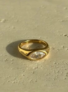 Anel de Pedra Preciosa Ouro 18K, Anel de Sinete, Anel de Cristal Solitário Ouro, Anel Declarativo, Presente para Ela no Dia dos Namorados