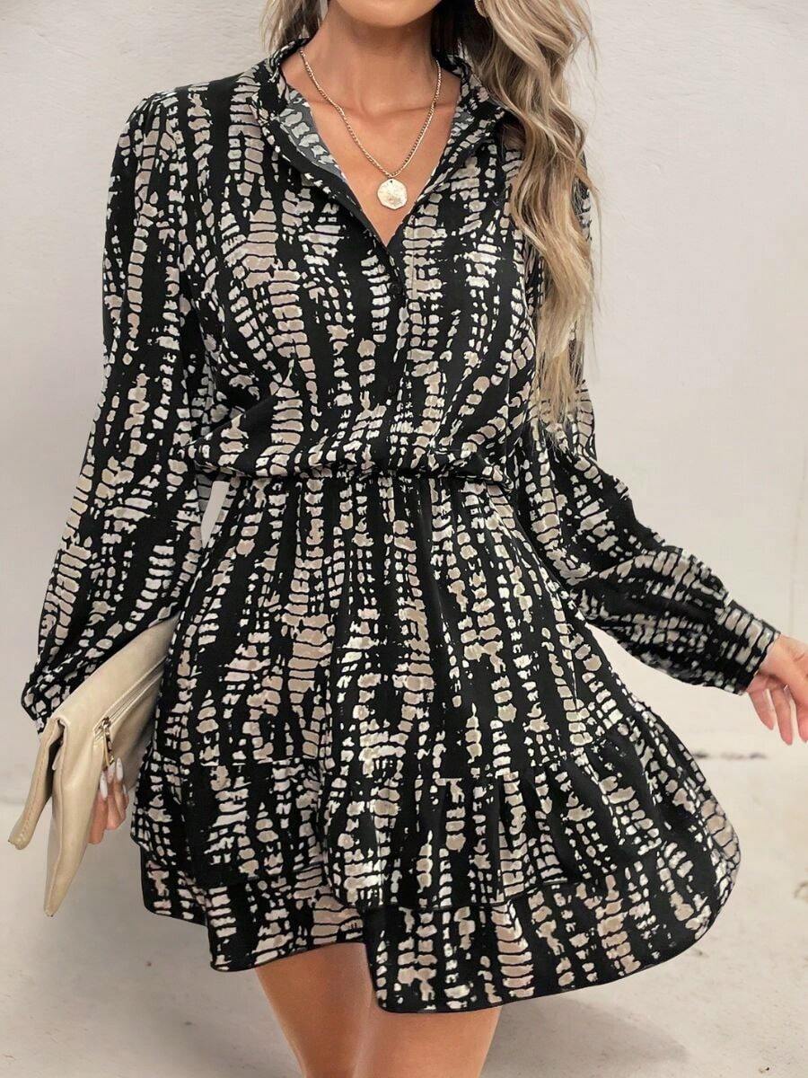 Mujeres primavera y otoño de pie cuello burbuja manga cintura cinched estampado volante doblado vestido,Vestido elegante con botones,vestidos de dama - Negro - Ver 1