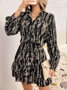 Mujeres primavera y otoño de pie cuello burbuja manga cintura cinched estampado volante doblado vestido,Vestido elegante con botones,vestidos de dama - Negro - Ver 4