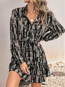 Mujeres primavera y otoño de pie cuello burbuja manga cintura cinched estampado volante doblado vestido,Vestido elegante con botones,vestidos de dama - Negro - Ver 3