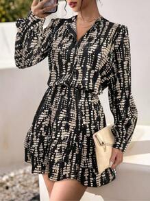 Mujeres primavera y otoño de pie cuello burbuja manga cintura cinched estampado volante doblado vestido,Vestido elegante con botones,vestidos de dama - Negro - Ver 2