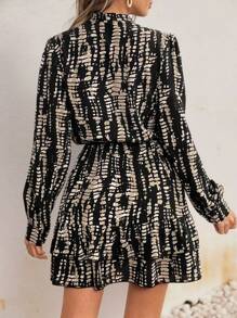 Mujeres primavera y otoño de pie cuello burbuja manga cintura cinched estampado volante doblado vestido,Vestido elegante con botones,vestidos de dama - Negro - Ver 5