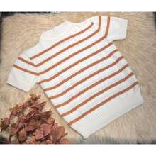 Blusa Feminina Listrada Bicolor Sofisticada Manga Curta Básica Tricot Modal Marister Malhas - Cinza - Visão 8