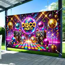 1 件复古迪斯科派对横幅，涤纶背景布，带舞池和彩色迪斯科球，通用，无需电源，带拍照亭道具，适用于各种庆祝装饰 - 彩色 - 查看 2