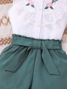 2pcs/Set Girls Casual Style White Embroidered Lace Vest And Green Ruffle Waist Shorts Outfit, Suitable For Outing, Vacation And Home Wear, Summer - White - View 6