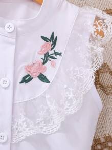 2pcs/Set Girls Casual Style White Embroidered Lace Vest And Green Ruffle Waist Shorts Outfit, Suitable For Outing, Vacation And Home Wear, Summer - White - View 5