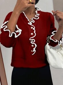 Neueste Herbst- und Winter-modische rote Langarm-V-Ausschnitt-Pullover für Damen, elegant und bequem, Perlknöpfe